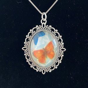 Luminous Butterflies Under Glass Pendant Orange Blue Silvertone Necklace 29.5”